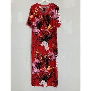 G.I.L.I. Hawaiian Tropical Maxi Dress LARGE Red Floral Shift